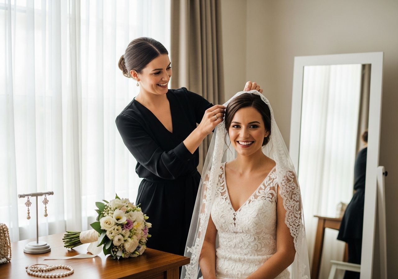 Nevěsta s krajkovým závojem a stylistkou v elegantní pracovně před svatbou.