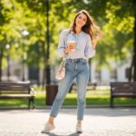 Mladá žena s kávou v ruce stojí v městském parku, oblečená v džínách a pastelové blůze.