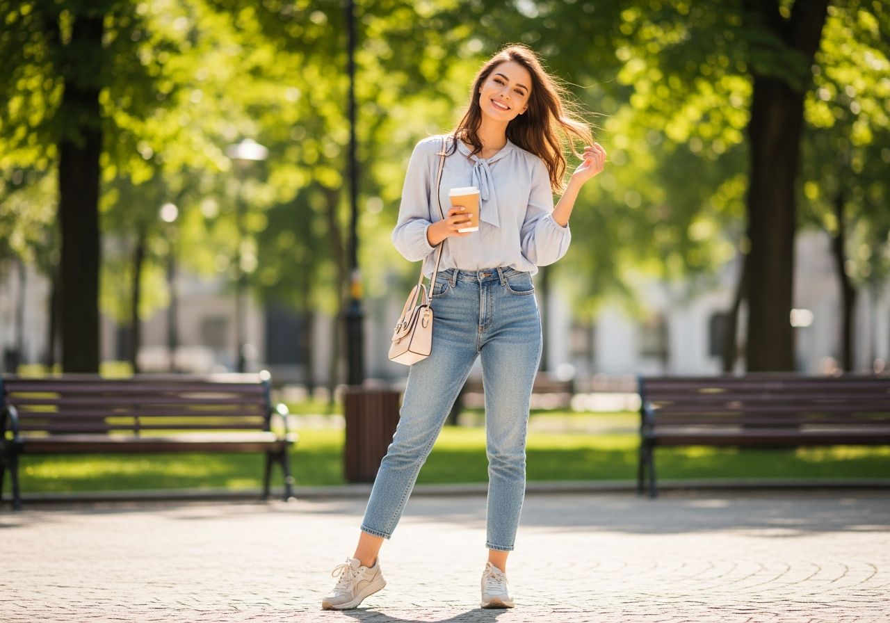 Mladá žena s kávou v ruce stojí v městském parku, oblečená v džínách a pastelové blůze.