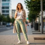 Stylová žena v mintových kalhotách a bílém topu na městské ulici za zlaté hodiny.
