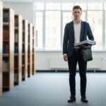 Mladý student v univerzitní chodbě s dokumenty a taškou, připravený na obhajobu diplomu.