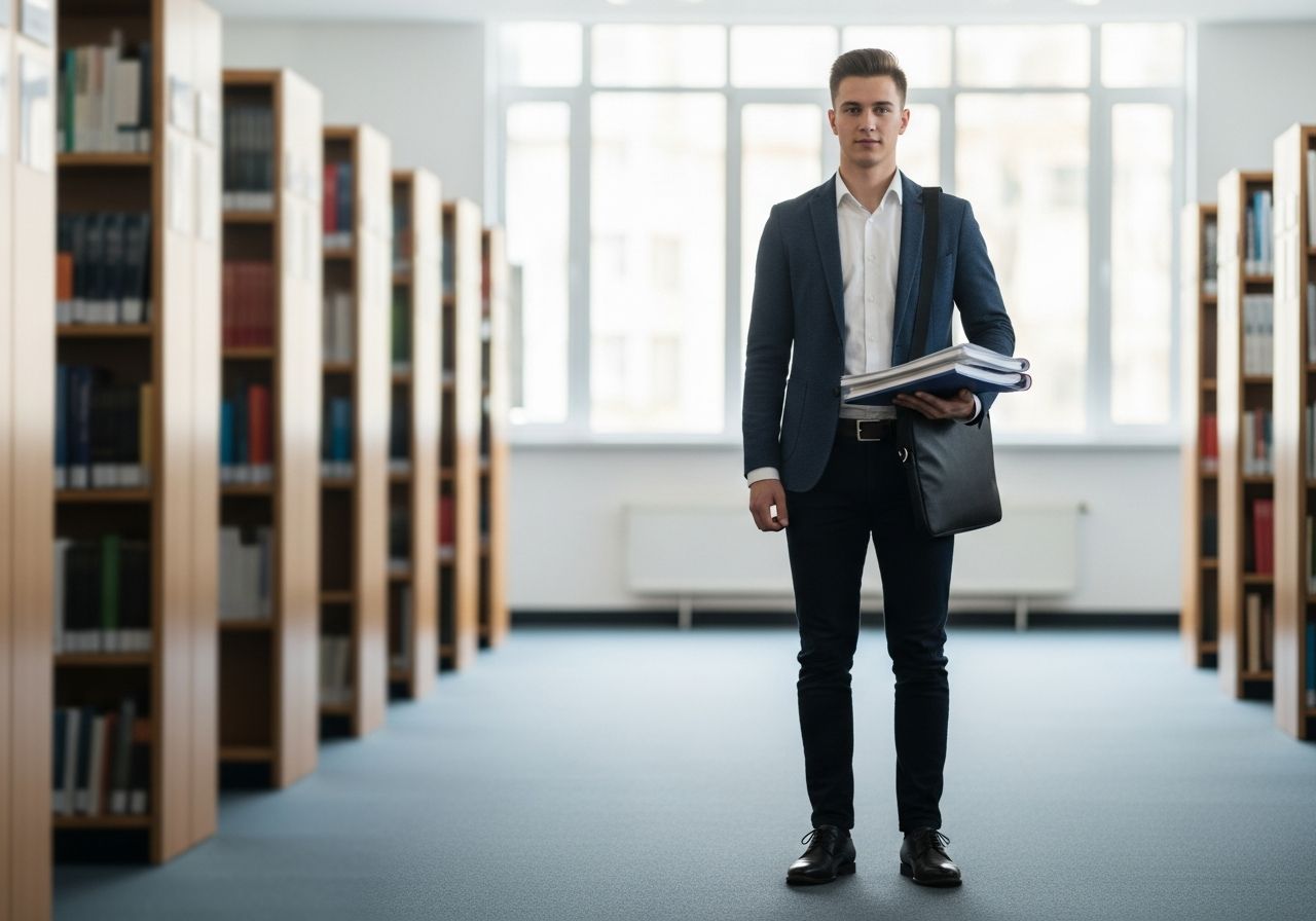 Mladý student v univerzitní chodbě s dokumenty a taškou, připravený na obhajobu diplomu.