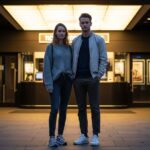 Mladý muž a žena před moderním kinem večer v pohodlném oblečení na filmový večer.