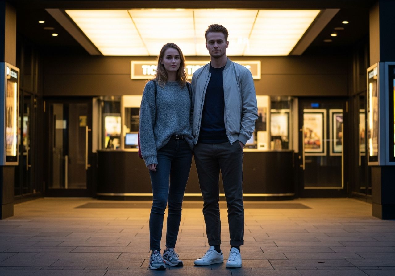 Mladý muž a žena před moderním kinem večer v pohodlném oblečení na filmový večer.