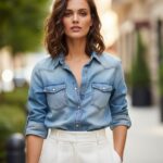 Žena v světle modré džínové košili a bílých kalhotách stojí ve městě s rozostřeným pozadím.