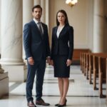 Profesionální muž a žena v oblečení do soudu stojí v soudní síni s mramorovými sloupy.