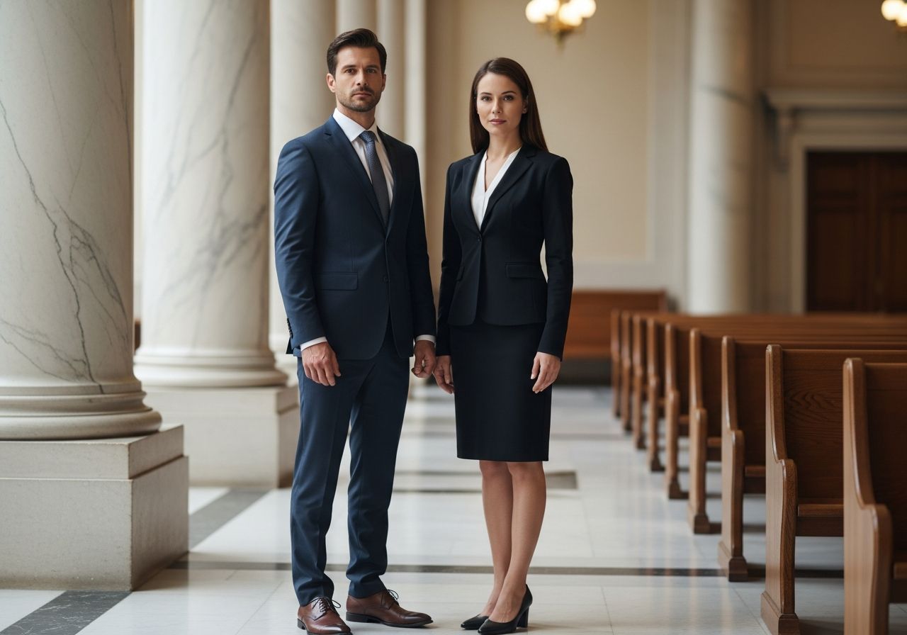 Profesionální muž a žena v oblečení do soudu stojí v soudní síni s mramorovými sloupy.