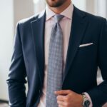 Muž v růžové košili a modrém saku stojí v moderní kanceláři, elegantní a sebevědomý.