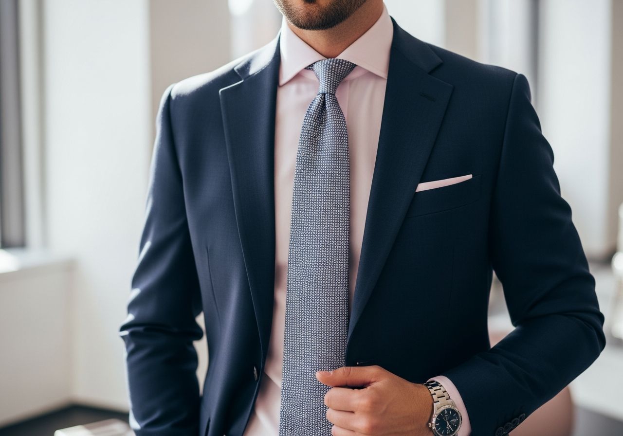 Muž v růžové košili a modrém saku stojí v moderní kanceláři, elegantní a sebevědomý.