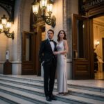 Elegantní pár před filharmonií v večerním osvětlení, muž ve smokingu, žena v dlouhých šatech.