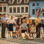 Skupina herců ve stylu českých filmů 70. a 80. let na náměstí při zlaté hodině