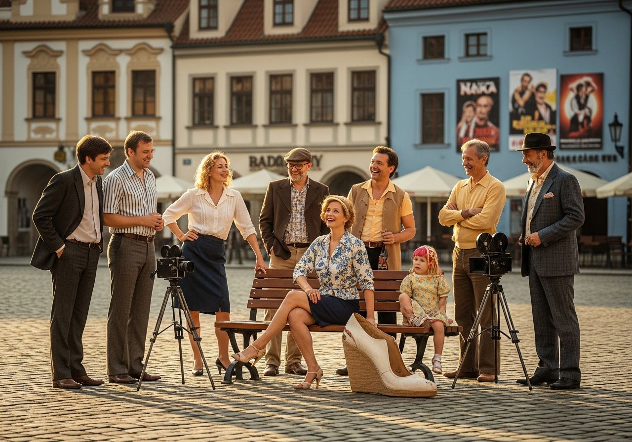 Skupina herců ve stylu českých filmů 70. a 80. let na náměstí při zlaté hodině