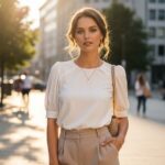 Mladá žena v bílé blůze a béžových kalhotách v městském prostředí při zlaté hodině