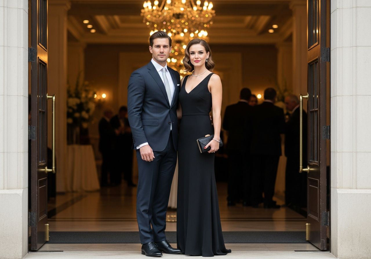 Muž a žena v elegantním oděvu stojí u vstupu na formální událost, pozadí s dekoracemi a hosty