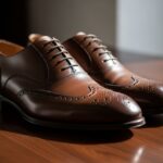 Hnědé kožené pánské Oxford boty na tmavém dřevěném povrchu s jemnou texturou a brogue detaily.