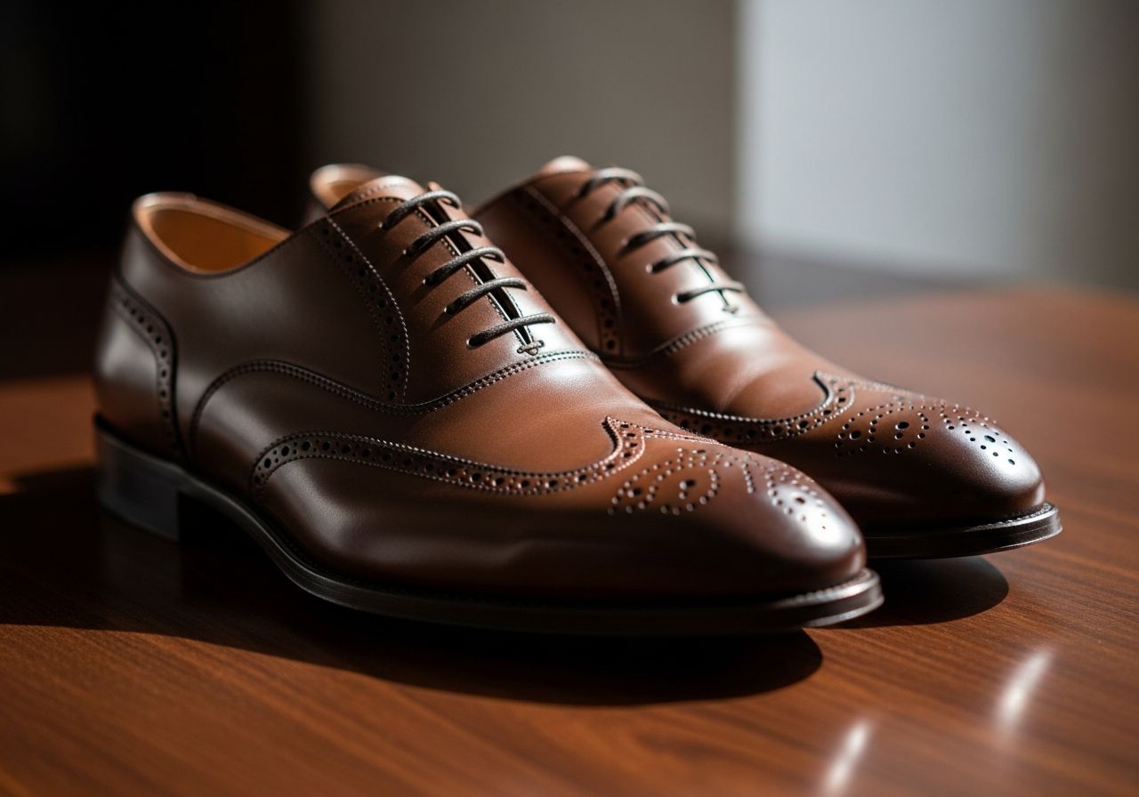 Hnědé kožené pánské Oxford boty na tmavém dřevěném povrchu s jemnou texturou a brogue detaily.