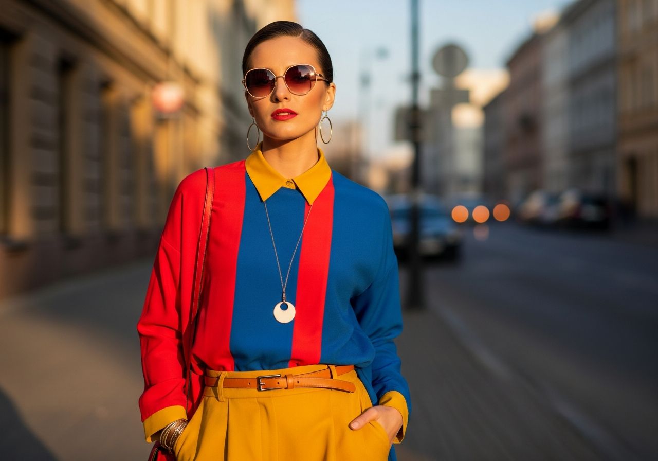 Stylová žena v barevném oblečení stojí na městské ulici za zlaté hodiny s brýlemi a šperky