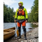 Osoba v outdoor oblečení s helmou a vestou stojí u kanoe na řece obklopené zelení.
