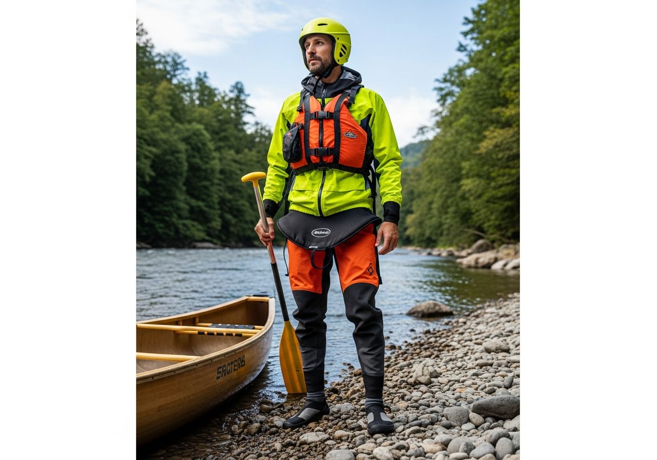 Osoba v outdoor oblečení s helmou a vestou stojí u kanoe na řece obklopené zelení.