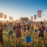 Lidé na venkovním hudebním festivalu tančí a užívají si slunečný den na louce s pódiem v pozadí