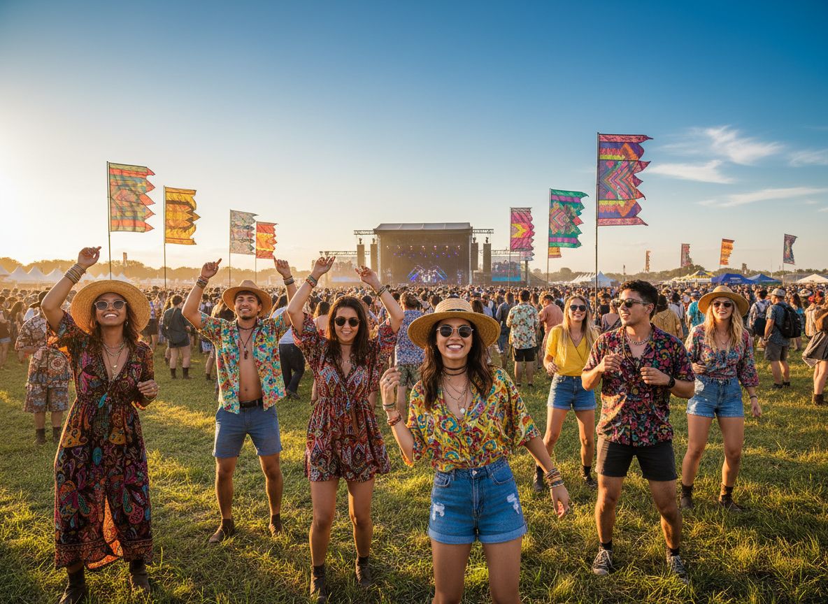 Lidé na venkovním hudebním festivalu tančí a užívají si slunečný den na louce s pódiem v pozadí