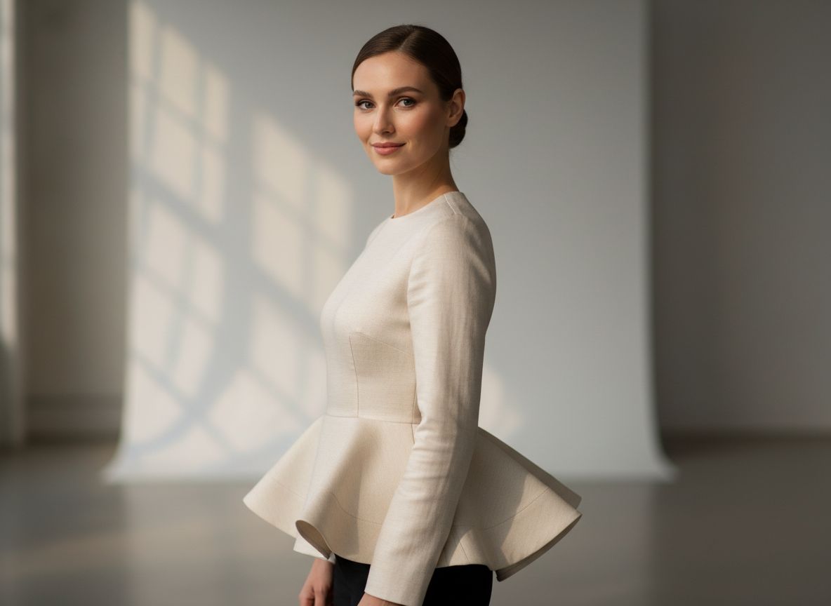 Žena v neutrální blůze s peplum detailem zdůrazňujícím pas a boky, stojící ve světlém studiu