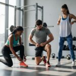 Tři mladí lidé v posilovně připravují cvičení, oblečeni ve sportovním oblečení u zařízení.
