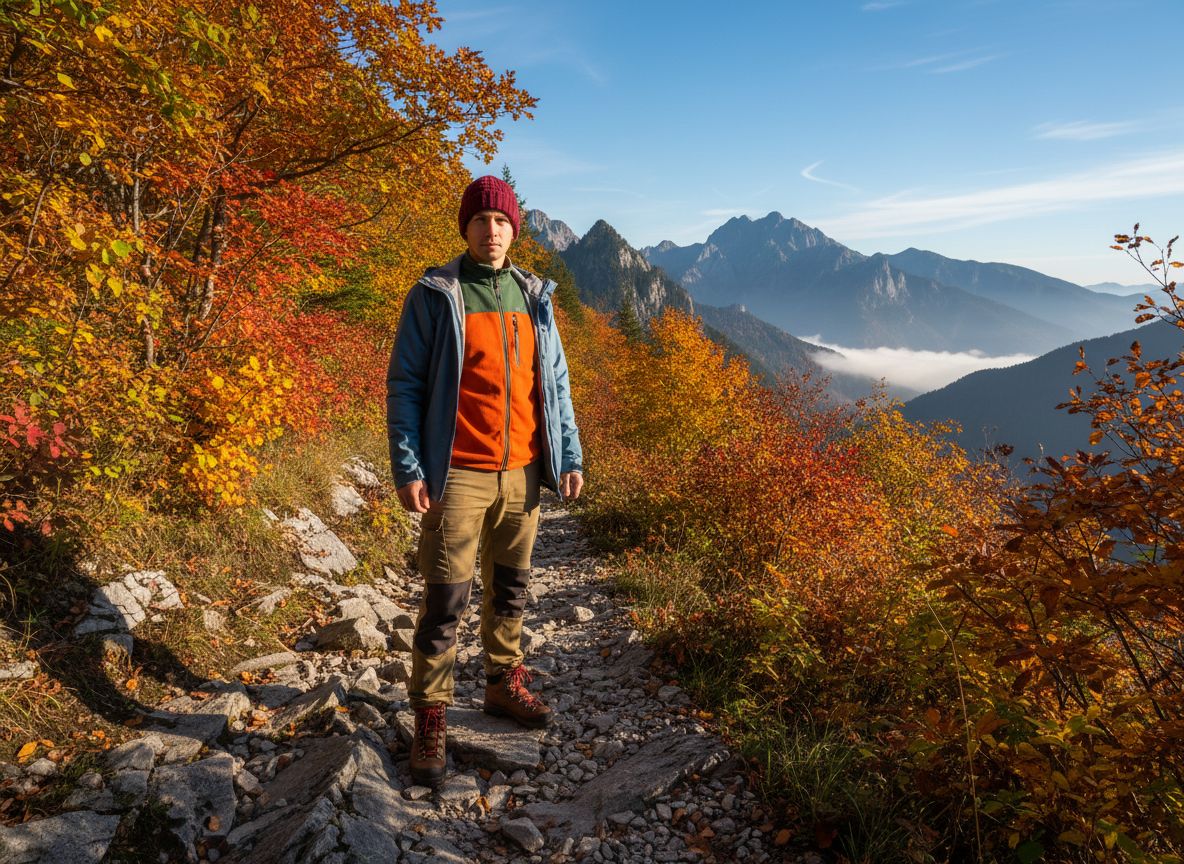 Turista v podzimním oblečení stojí na horské stezce obklopené barevným listím pod modrou oblohou.