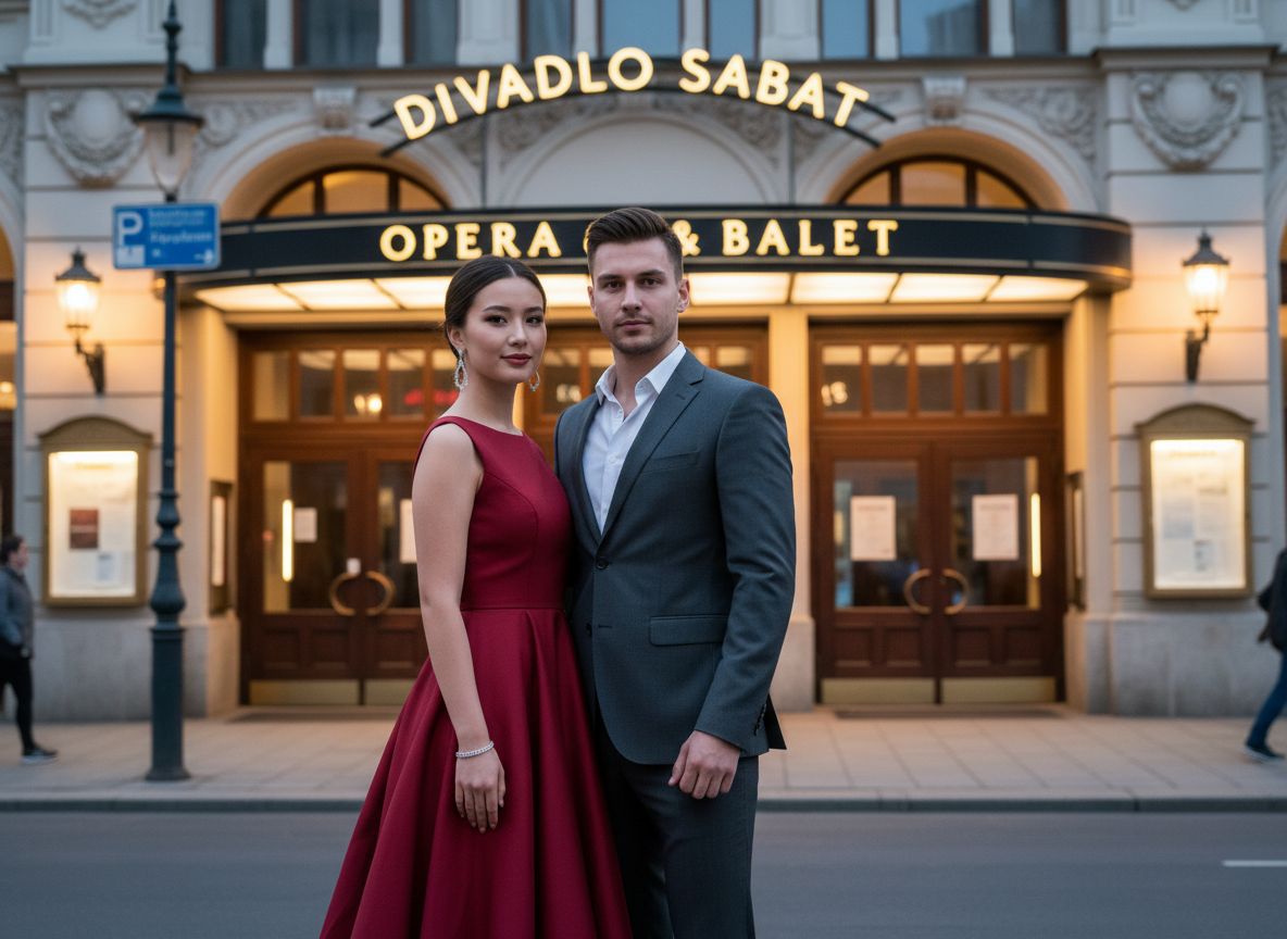 Mladý pár před divadlem Sabat večer v elegantním oblečení připraven na kulturní zážitek