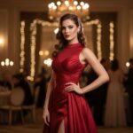 Žena v červených šatech stojí v elegantní místnosti na formální události, jemné osvětlení zdůrazňuje šaty