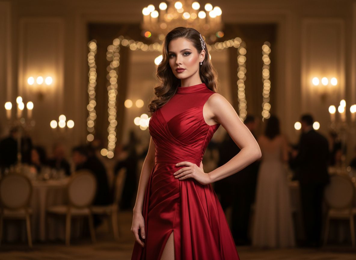 Žena v červených šatech stojí v elegantní místnosti na formální události, jemné osvětlení zdůrazňuje šaty