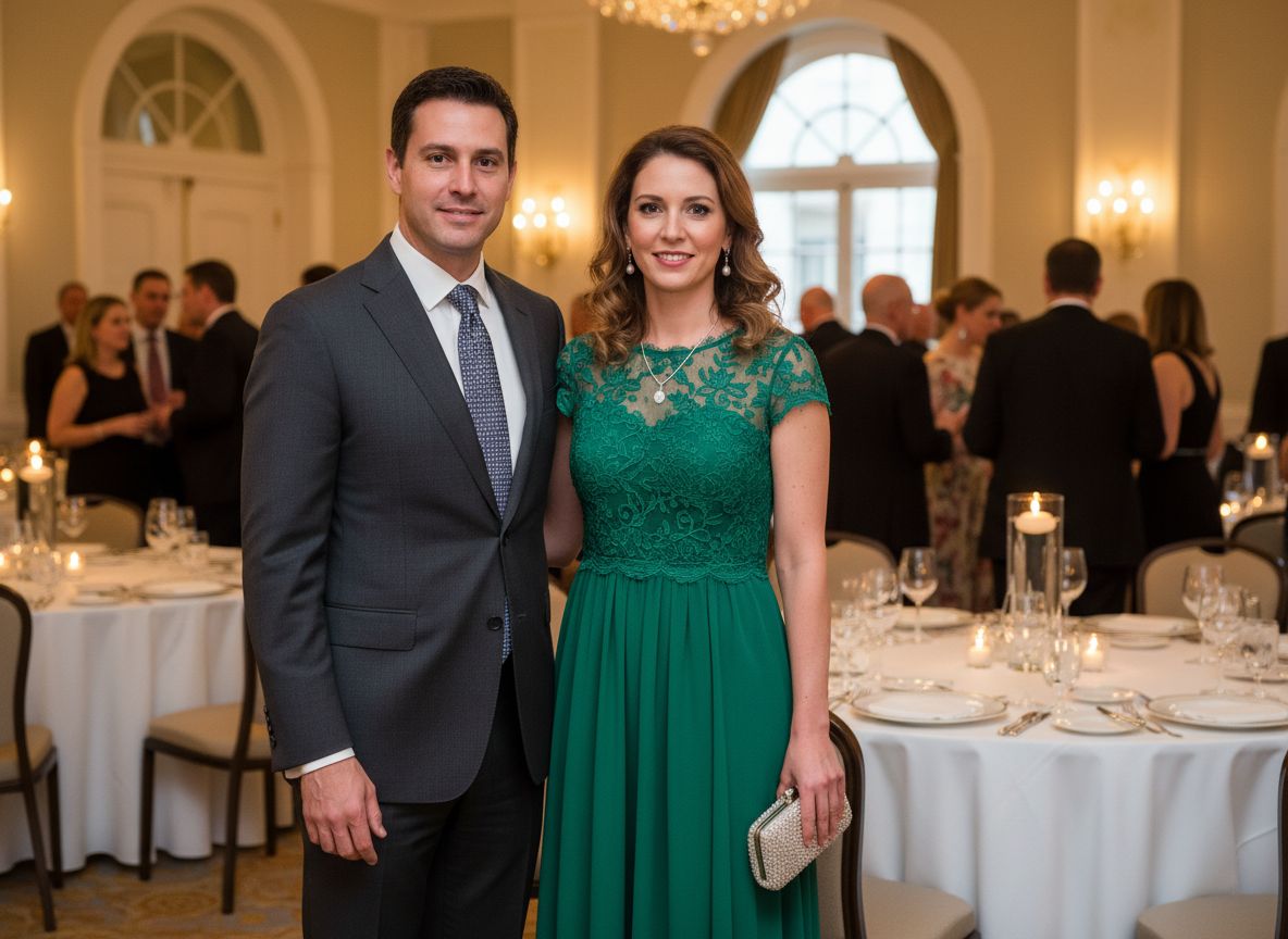 Muž a žena ve formálním oblečení stojí v elegantní banketní síni s hosty a stolky v pozadí